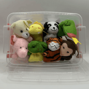 Caja con títeres para contar cuentos con animales de la selva