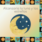 Ilustración de jirafa en libro educativo de tela con frase sobre alcanzar la luna y las estrellas