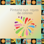 Página del libro blando para bebés con ilustración de cebra y frase que invita a pintar sus rayas de colores