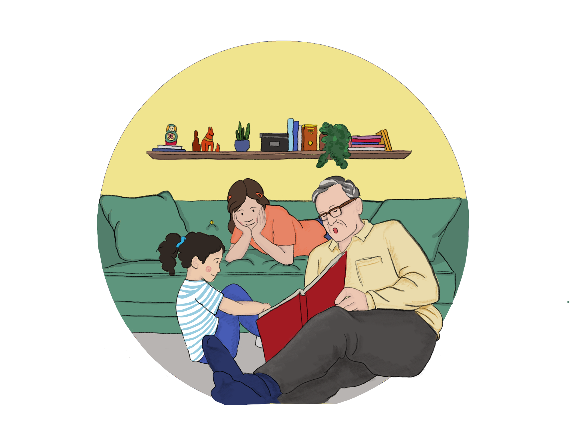 Abuelo y niñas ilustación