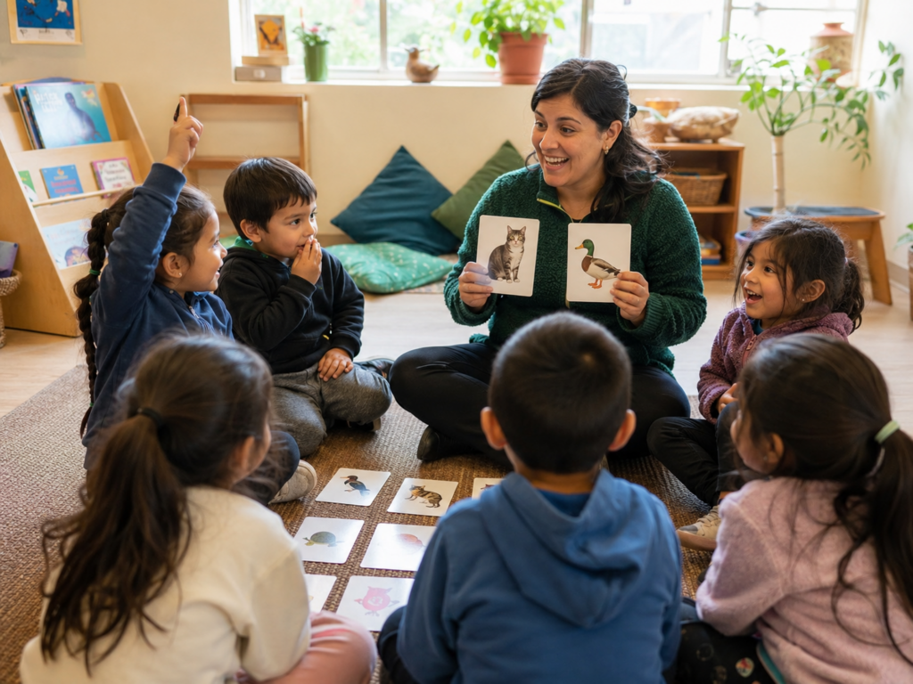 maestra muestra imagenes a los niños