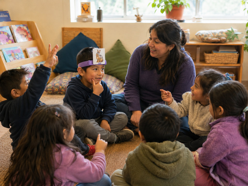 Maestra muestra animales sobre cabeza de niños