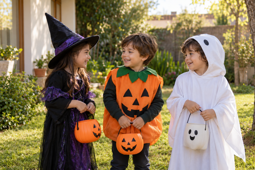 Niños disfrazados de bruja, calabaza y fantasma en Halloween