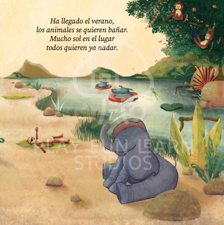 Página interior del cuento Fiesta en la Selva, con escenas alegres de animales y texto en rima para estimular el lenguaje infantil