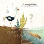 Ilustración del libro infantil Fiesta en la Selva, con Avestruz y León, ideal para leer con niños de 2 a 6 años