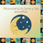 Ilustración de jirafa en libro educativo de tela con frase sobre alcanzar la luna y las estrellas