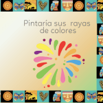Página del libro blando para bebés con ilustración de cebra y frase que invita a pintar sus rayas de colores