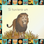 Página del libro sensorial para guaguas con ilustración de león y frase para imaginar rugidos que mueven las nubes