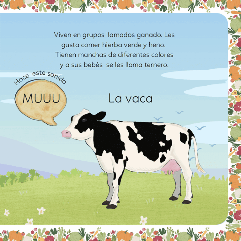 Página interior del libro infantil Adivinando Animales de la Granja con ilustración de vaca