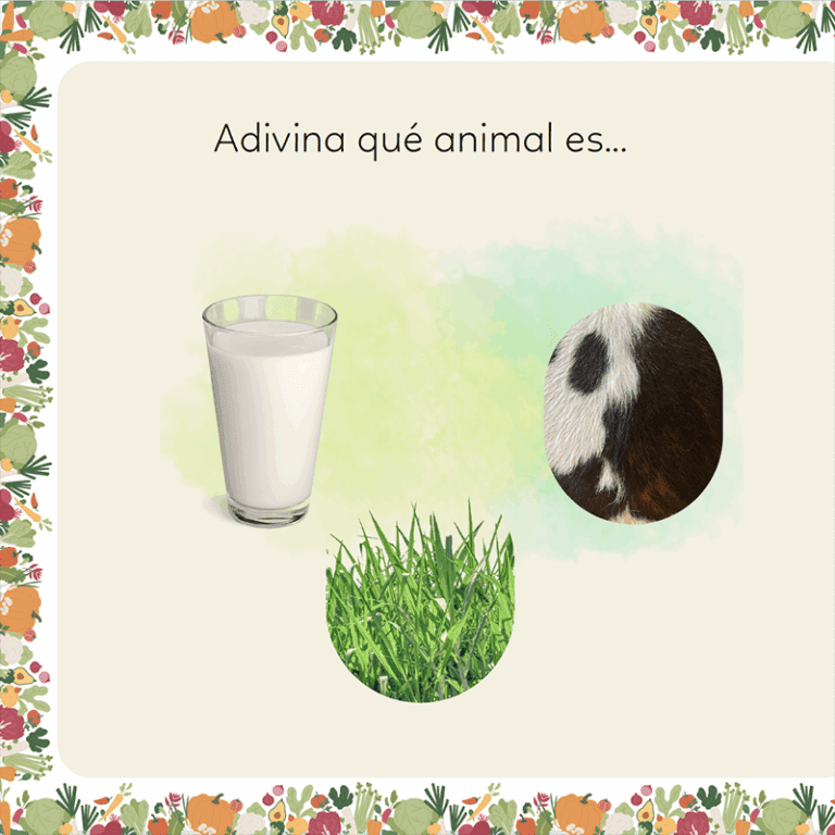 Página interior del libro infantil Adivinando Animales de la Granja con pista para adivinar